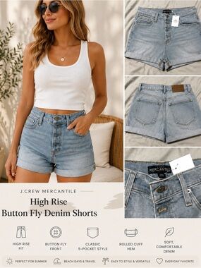J.Crew Mercantile High Rise Button Fly Denim Shorts | Light Wash Rolled Hem